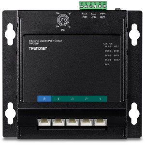 TRENDnet TI-PG50F 5-Port Gigabit Ethernet Front Access Switch, 4 Gigabit PoE+ and 1 Gigabit ports, 10 Gbps switching capacity, DIN-rail/Magnet